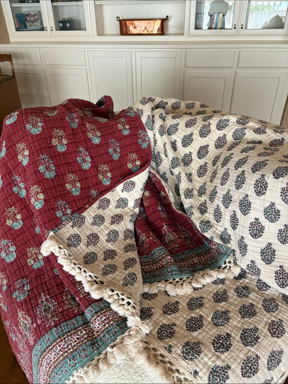 Pottery Barn Reversible Quilted Throw in Burgundy, Ivory and Teal